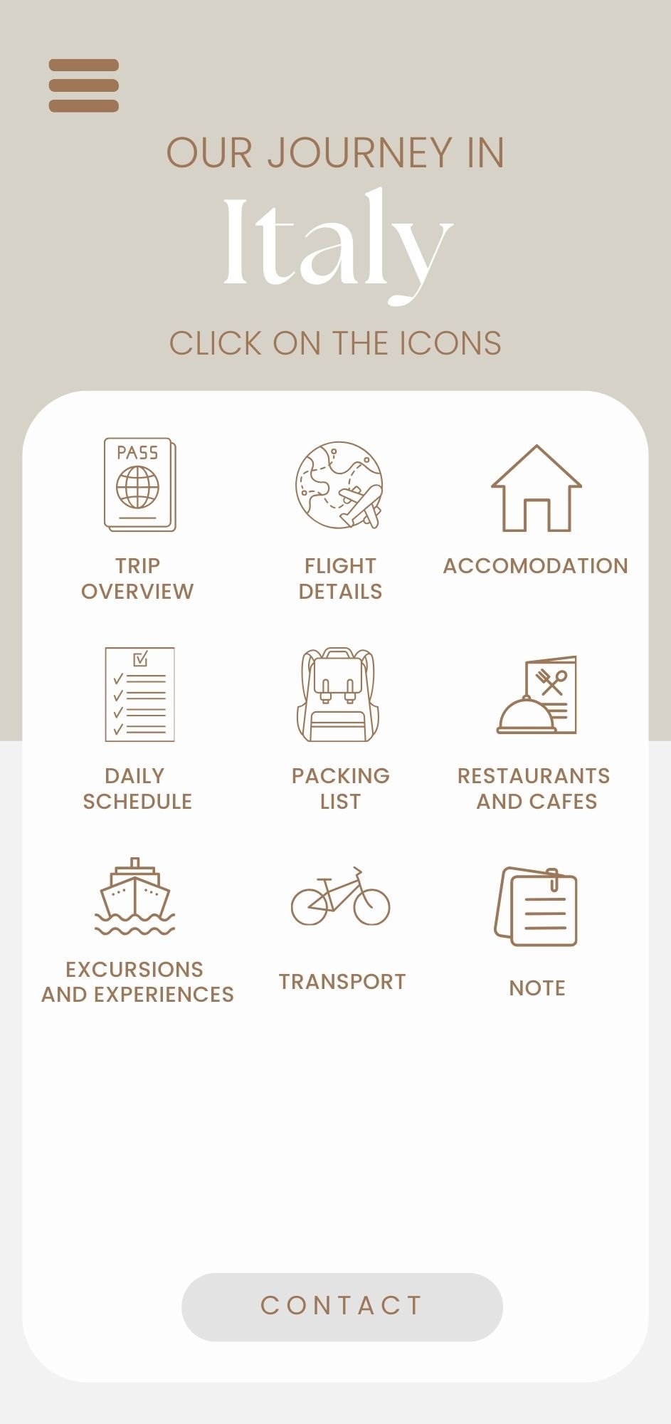 Travel app interface with options for Italy trip, including icons for trip overview, flight details, accommodation, daily schedule, packing list, restaurants and cafes, excursions and experiences, transport, and notes.