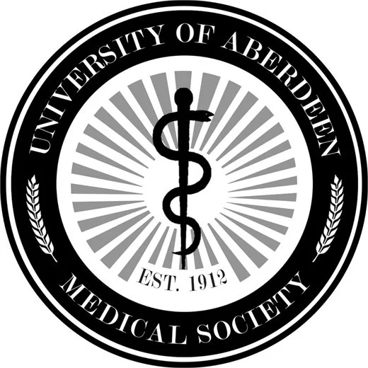 Seal of the University of Aberdeen Medical Society featuring a caduceus symbol surrounded by text and laurel branches.