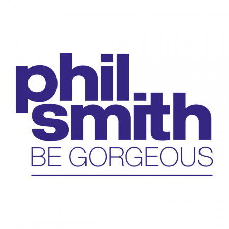 Logo with the name 'phil. smith' in bold purple lowercase letters and the slogan 'BE GORGEOUS' underneath in thinner purple uppercase letters.