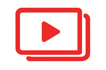 Stack of red devices with a play button symbol on the front