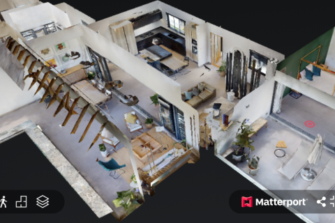 A 3D digital floor plan of a modern home, showing various rooms including a living area, kitchen, bedrooms, and bathrooms with furniture and decor.