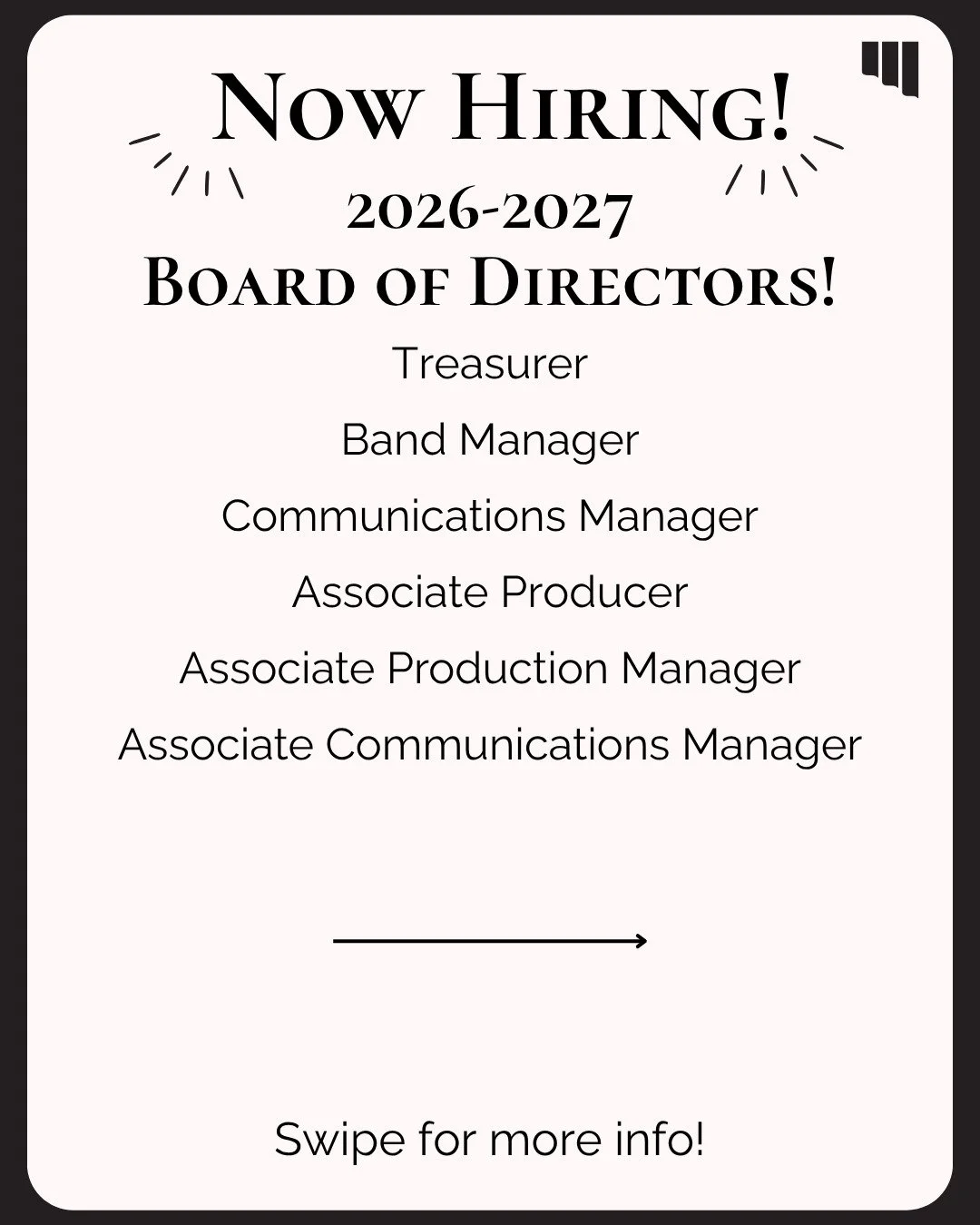 We are still #hiring our Board of Directors with an extended deadline for these positions.

If you are interested in finances, accounting, media, events, marketing, management, instruments, administration, and/or anything relating to these roles, ple