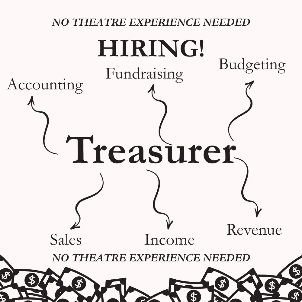 We are #hiring a Treasurer for our Board of Directors! No theatre experience needed!

Deadline is May 15th. If you meet any one of the skills or duties listed, then that means you should apply!

We look forward to reading everyone's applications!

#f