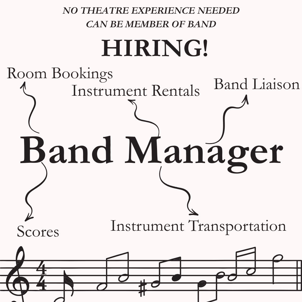 #hiring for a Band Manager! Know your way around instruments? Enjoy doing some administrative work? Then this position is for you!

As Band Manager, you will book rooms for rehearsing, help gather instruments, communicate band needs to the Board, and