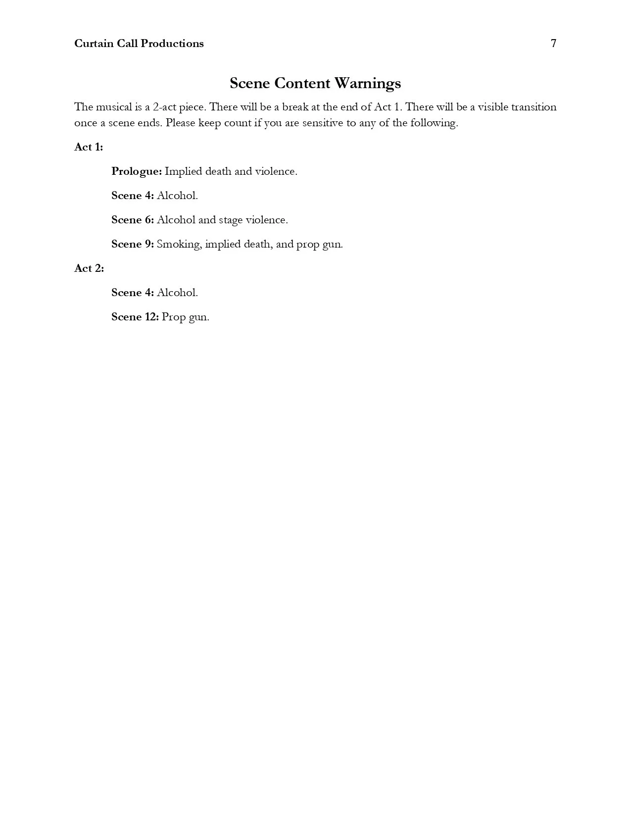 Page with scene content warnings and details about alcohol, violence, and prop gun scenes.