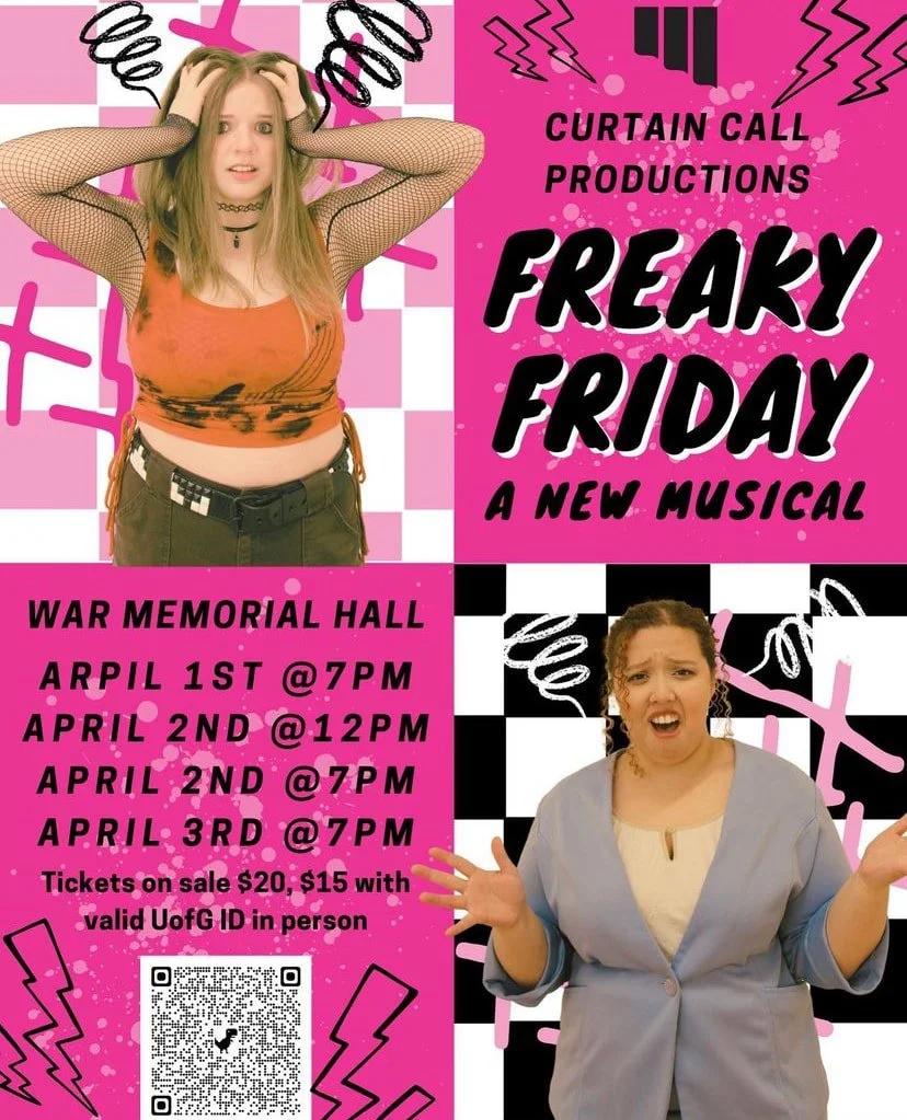 A promotional poster for a musical titled "Freaky Friday" by Curtain Call Productions. The poster features two young women expressing confusion or frustration. The background is pink with black and white checkered patterns, lightning bolts, and abstract shapes. The event details are listed, including dates, times, location at War Memorial Hall, and ticket prices.