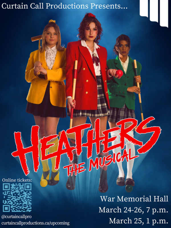 Three young women in colorful school uniforms and blazers, holding croquet mallets and a ball, standing in front of a blue background for a promotional poster of the musical "Heathers."