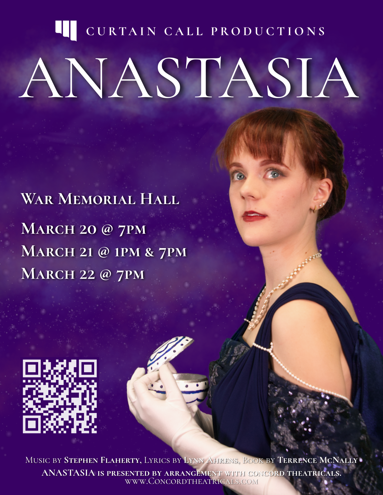 Poster for the play Anastasia at War Memorial Hall with dates March 20-22, featuring a woman with red hair, wearing a dark blue dress, holding a music box, against a purple galactic background.
