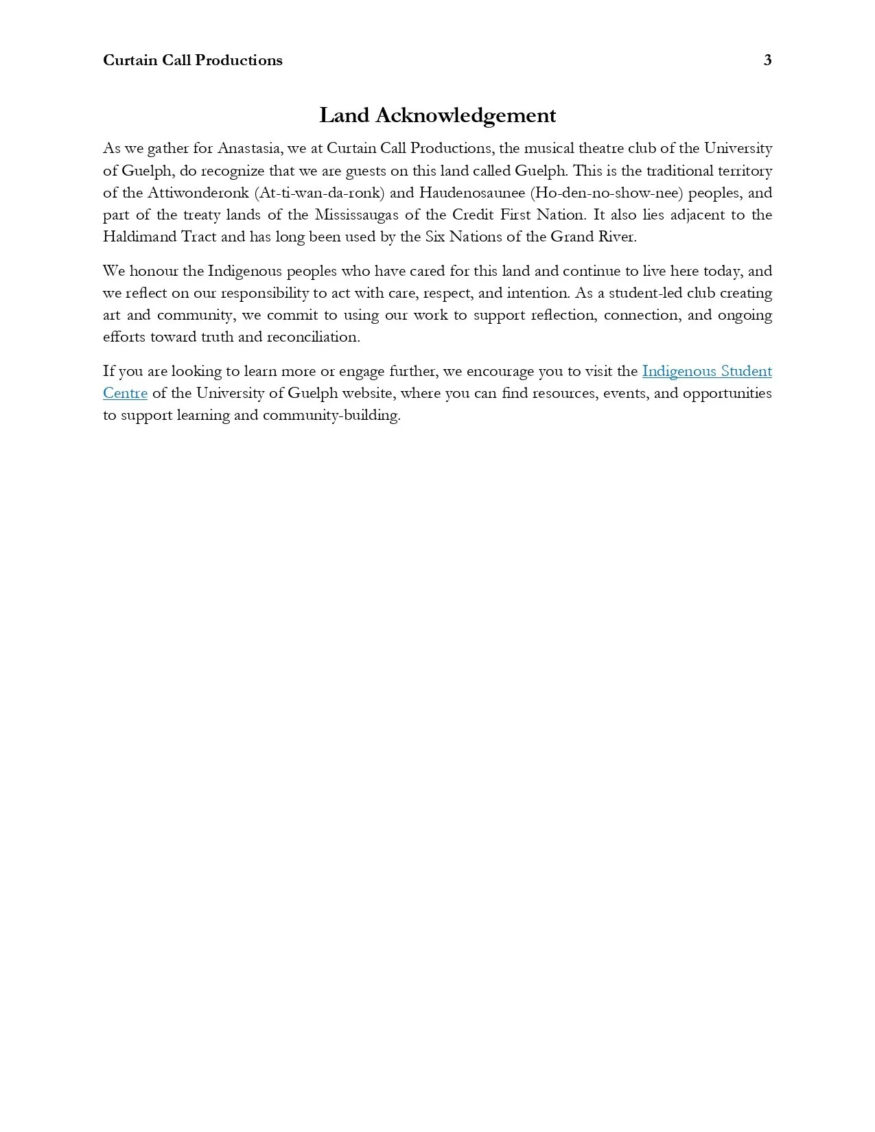 Text document titled 'Land Acknowledgement' from Curtain Call Productions reading Indigenous land recognition at the University of Guelph.