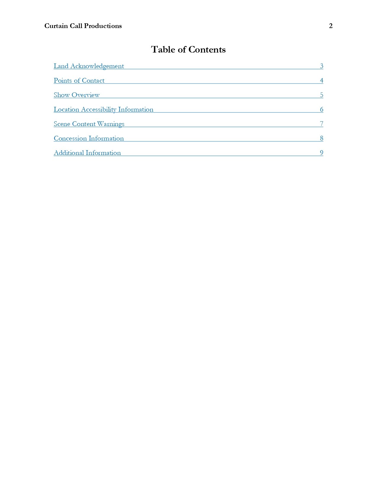 Text document's table of contents with the sections: Land Acknowledgement, Points of Contact, Show Overview, Location Accessibility Information, Scene Content Warnings, Concession Information, Additional Information.