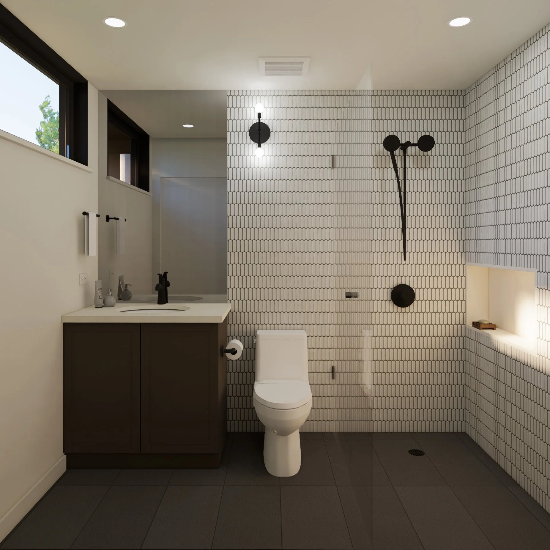 Modern bathroom with patterned tile walls, a white toilet, dark vanity with white countertop, and contemporary black wall-mounted lighting fixtures.