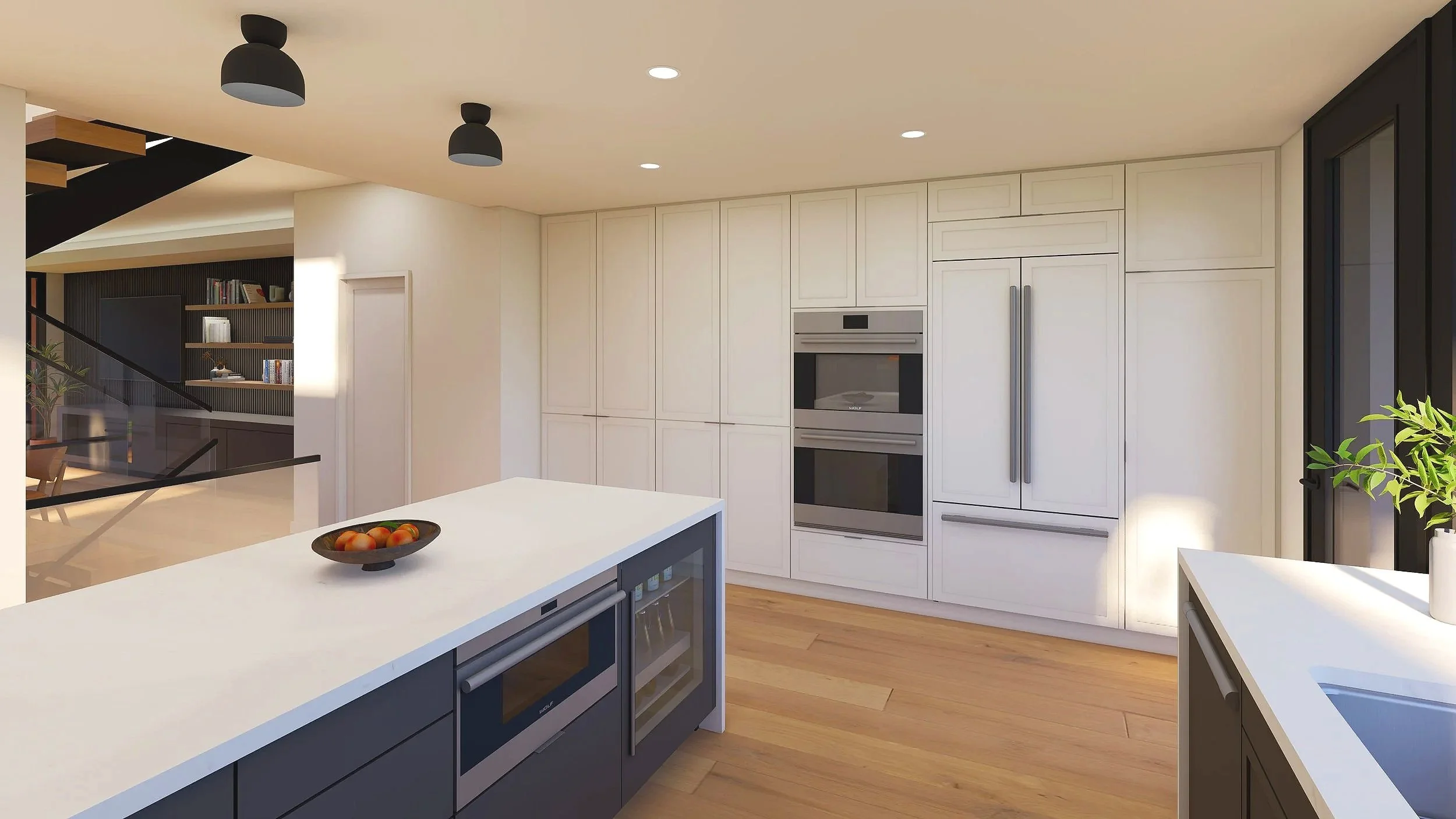 Modern kitchen with white cabinets, a built-in oven, a large refrigerator, black accents, and a white island with a bowl of fruit.