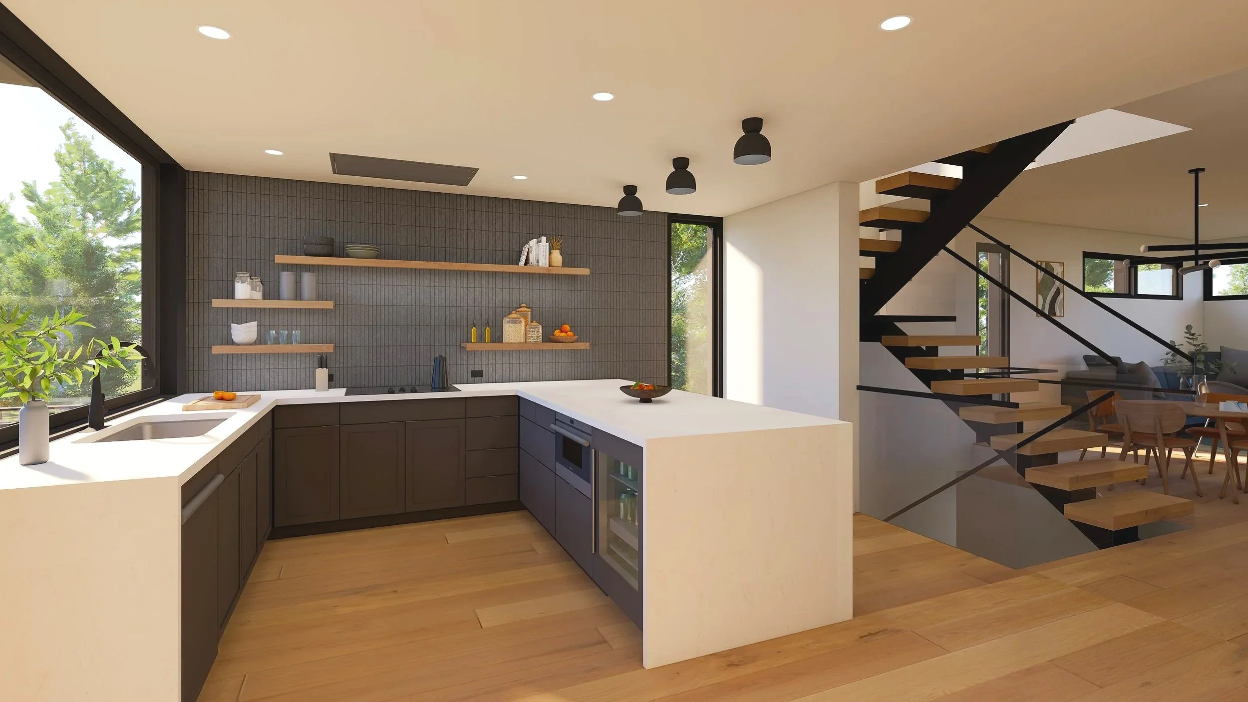 Modern kitchen with black lower cabinets and white countertops, open shelving on a textured gray wall, window with view of trees, and a staircase with wooden steps and black metal supports leading to an upper level, adjacent to a dining area with lar