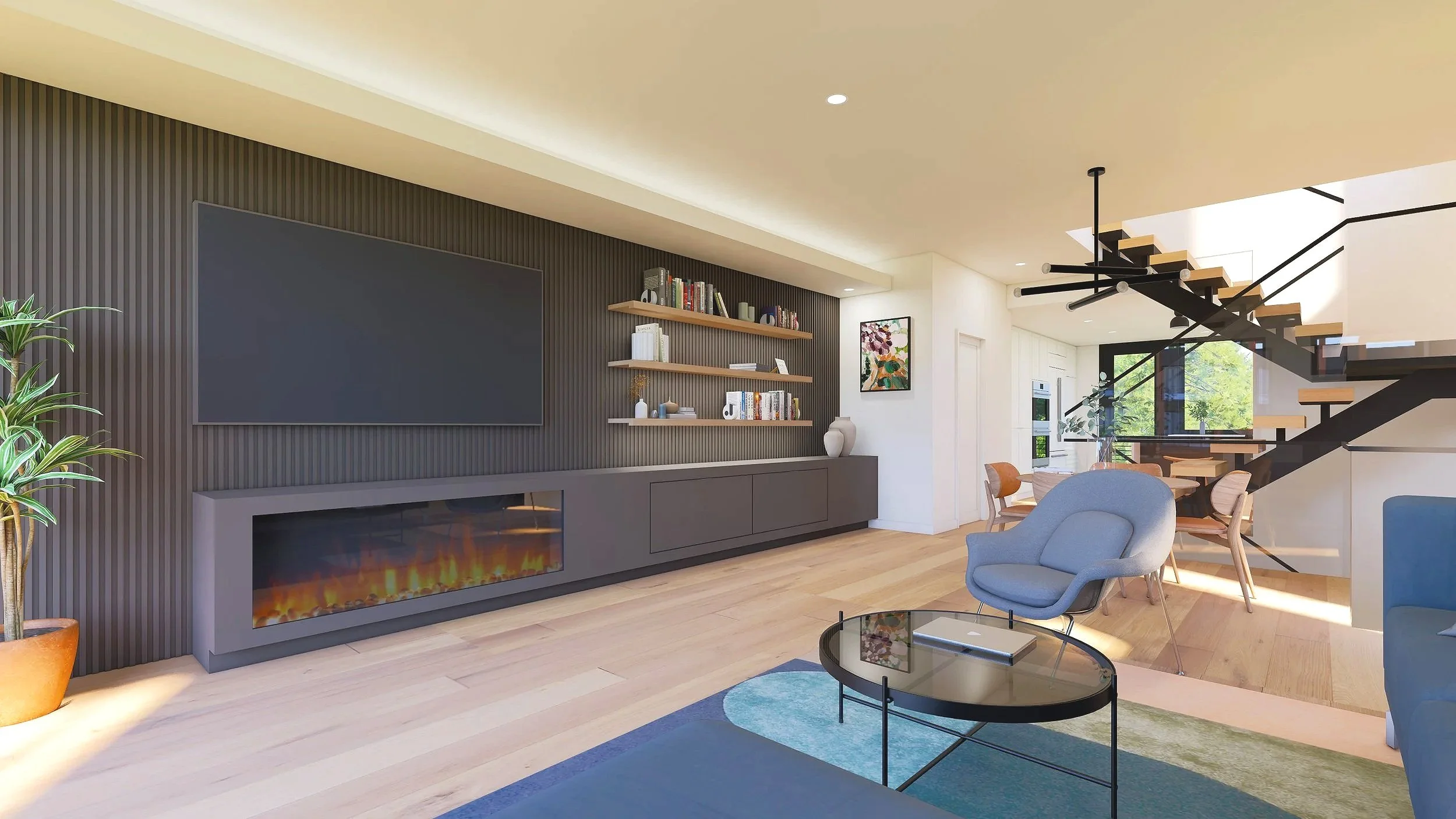 Modern living room with wood flooring, black textured wall, built-in electric fireplace, floating shelves with books, art, and decor, large TV, round coffee table with a laptop, cozy gray armchair, blue sofa, dining area with wooden table and chairs,