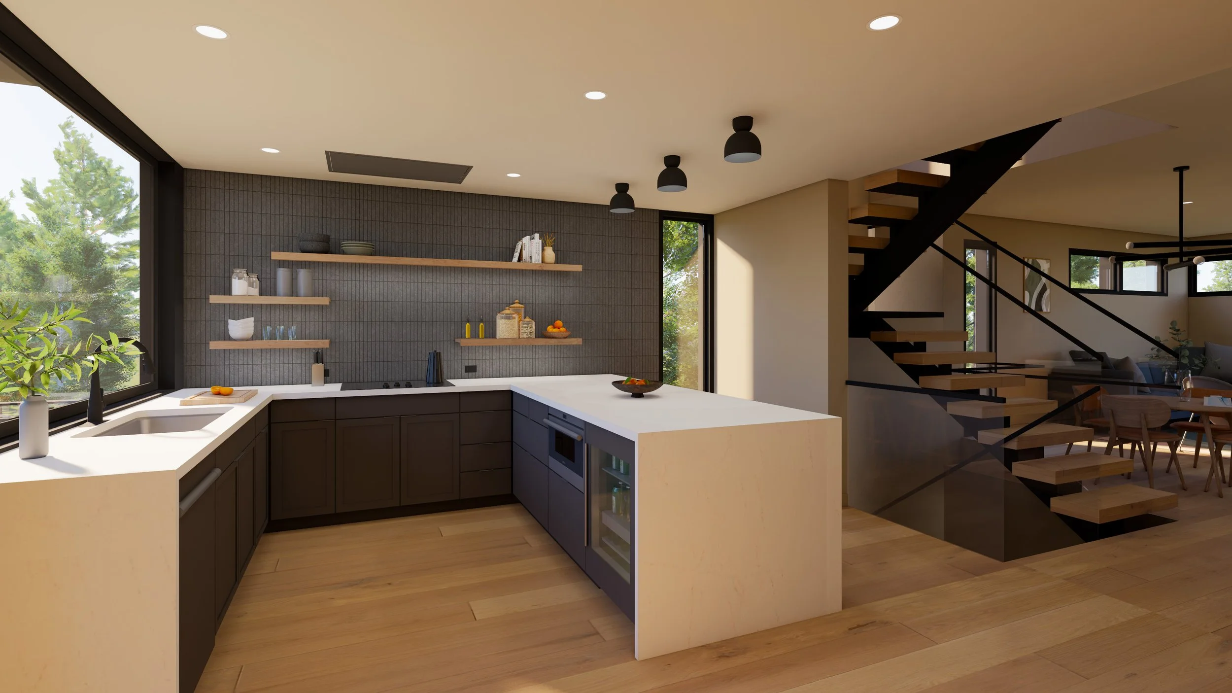 Modern open-concept kitchen with black cabinetry, white countertops, wooden shelves, and a staircase leading to upper floor in the background.