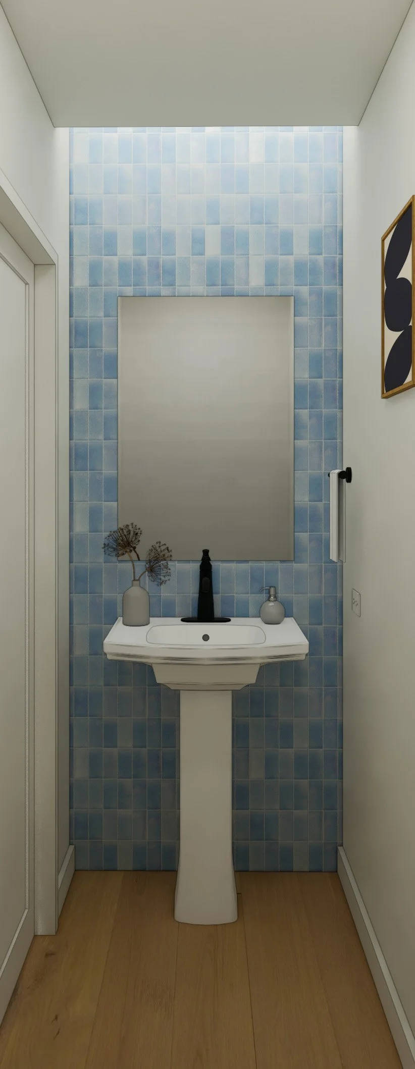 Bathroom with white pedestal sink, black faucet, and a large mirror with blue tiled wall behind it. A vase with dried flowers and a soap dispenser sit on the sink, and a black soap dispenser is in the center. Light-colored wood flooring and a wall-mo