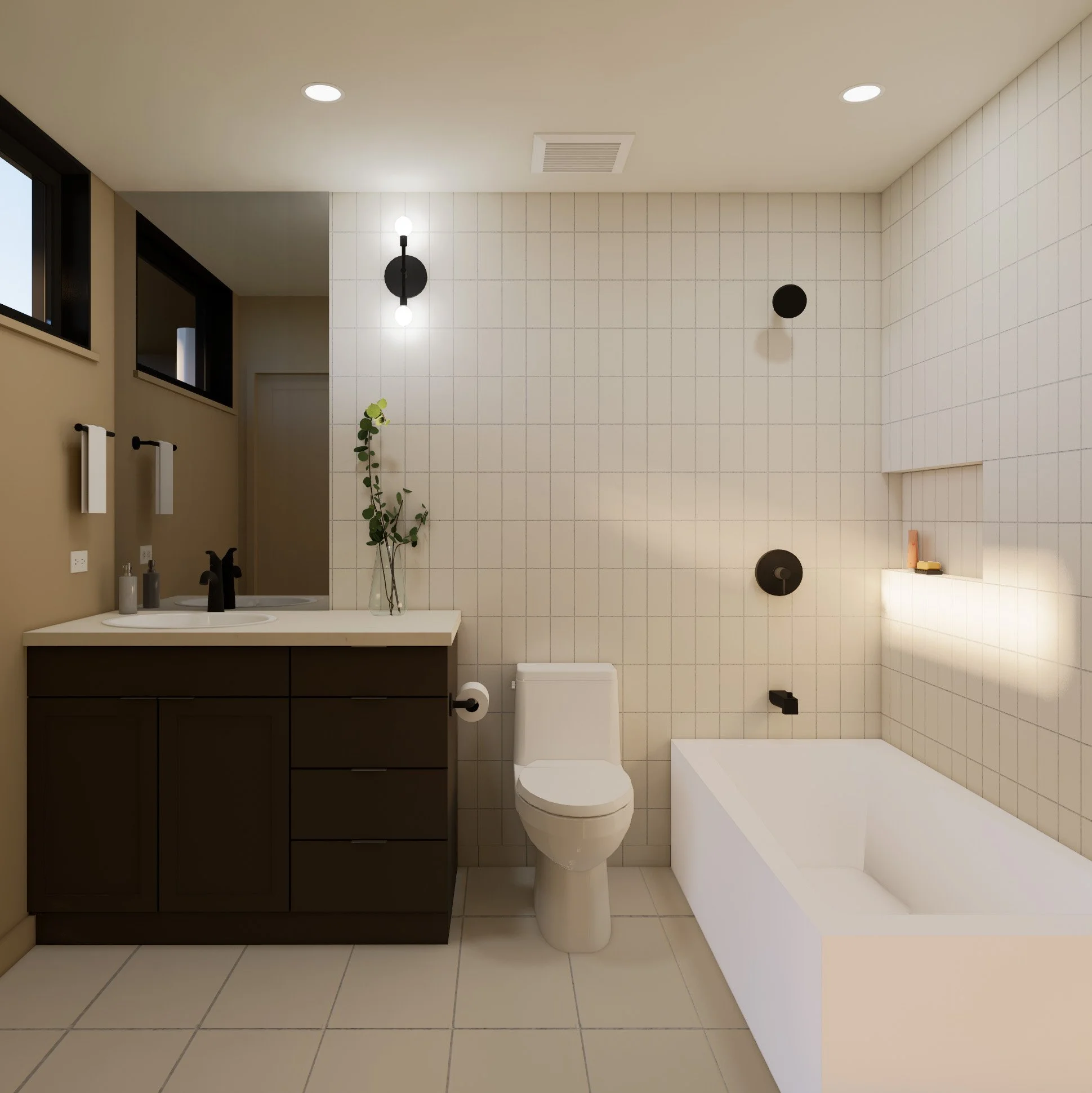 Modern bathroom with a white bathtub, toilet, and vanity with a sink. Beige and white tiled walls, black fixtures, and a small window.
