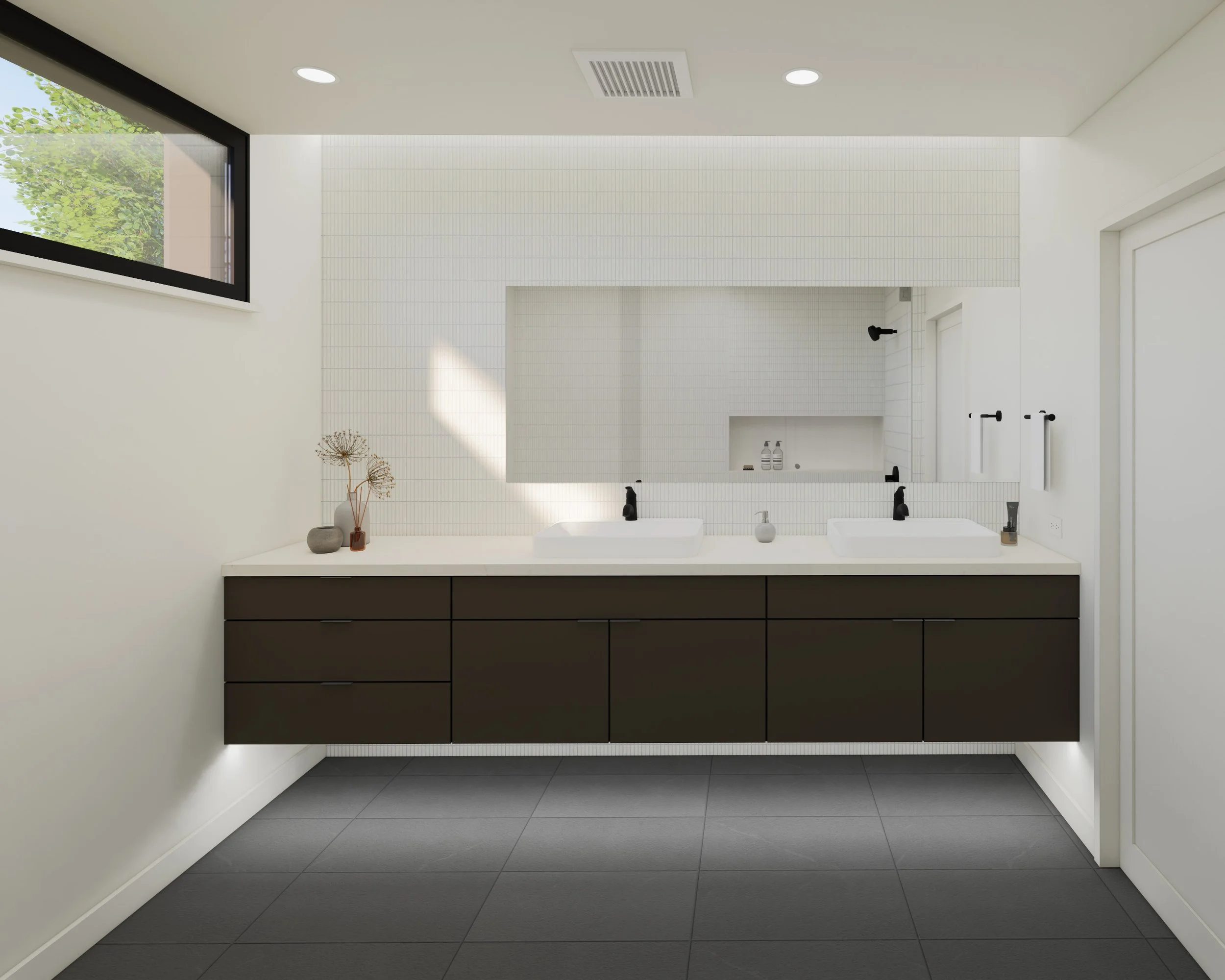 Modern bathroom with double sinks, black fixtures, dark brown vanity, large mirror, small decorative items, and a window with greenery outside.