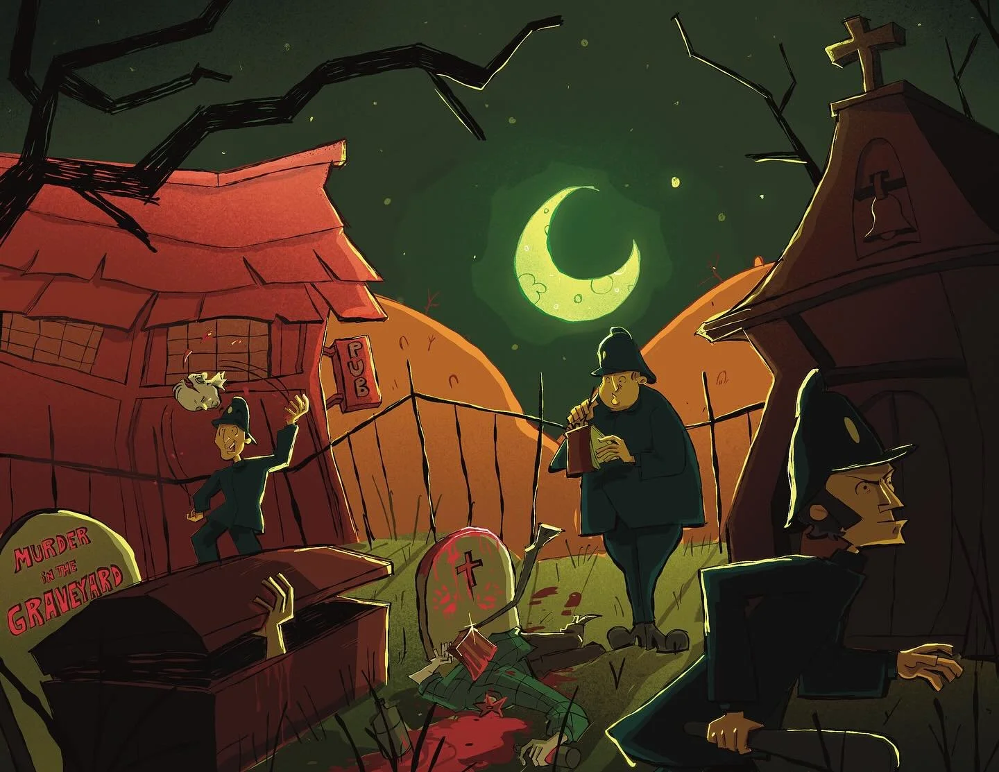 Instagram doesn&rsquo;t have the version of the song I inspired from but this was for a class. 😛😛😛

#murderinthegraveyard #illustration #british #comedy #cartoonist