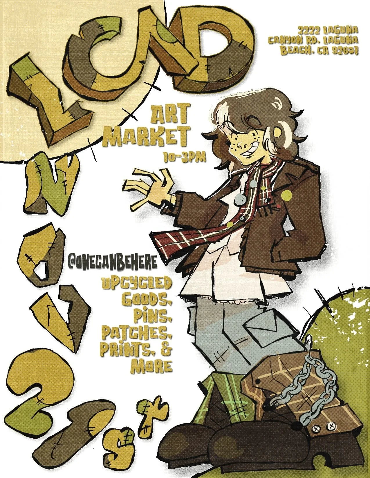 Hi Y&rsquo;all I will be vending this @lagunacollege art market with @mariadmartinez.art .

I&rsquo;ll be selling recycled goods, pins, patches, prints, and more! I&rsquo;ll be doing custom patches, caricatures, etc on site too.

Come visit friends! 