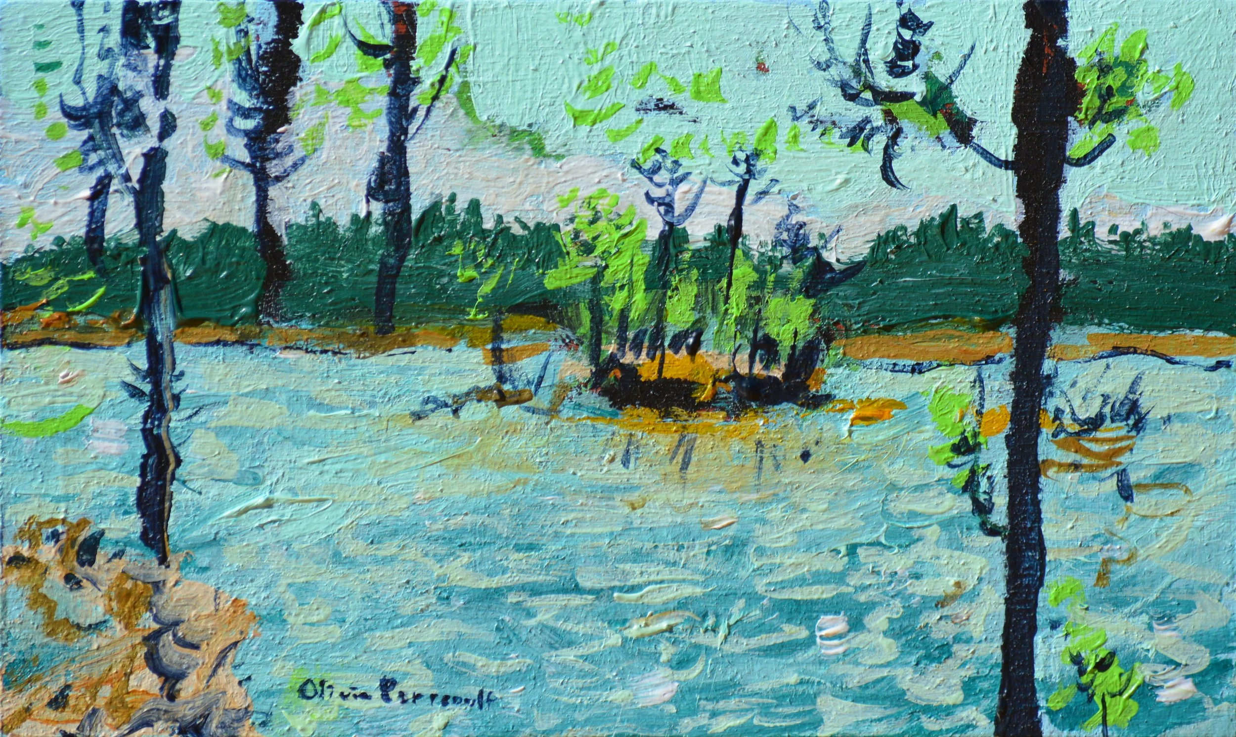 Olivia Perreault Bookshelf Painting Lake Keowee 3%22 x 5%22_wood_$100_Sold_2024.JPG