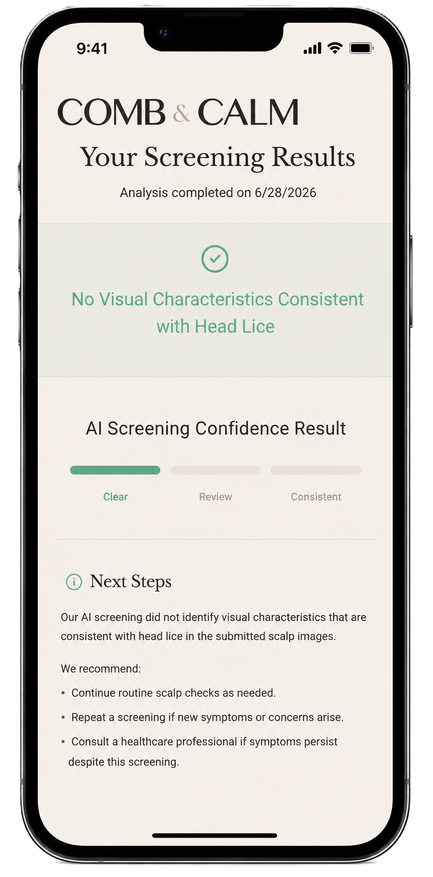 Medical screening app on a smartphone showing results that indicate no visual characteristics consistent with head lice and recommending to continue routine checks.