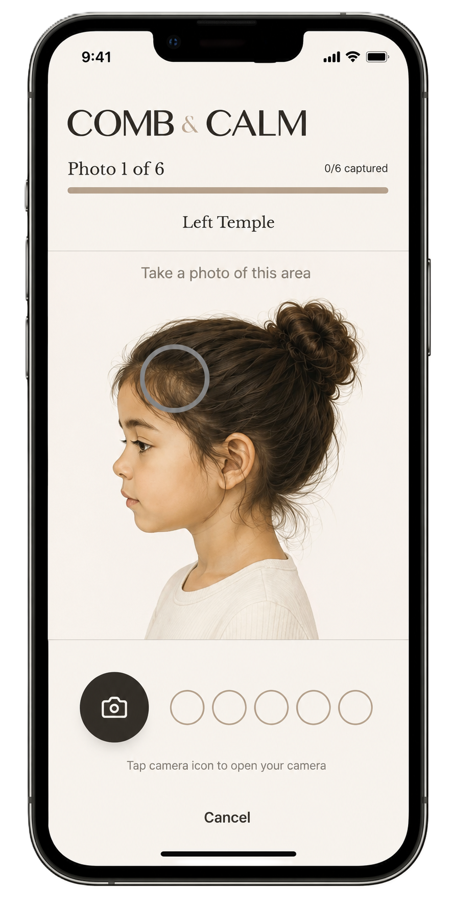 Iphone screen showing an app called Comb & Calm with a photo of a young girl with dark hair in a bun, looking to the left, and an area marked to take a photo of her left temple.