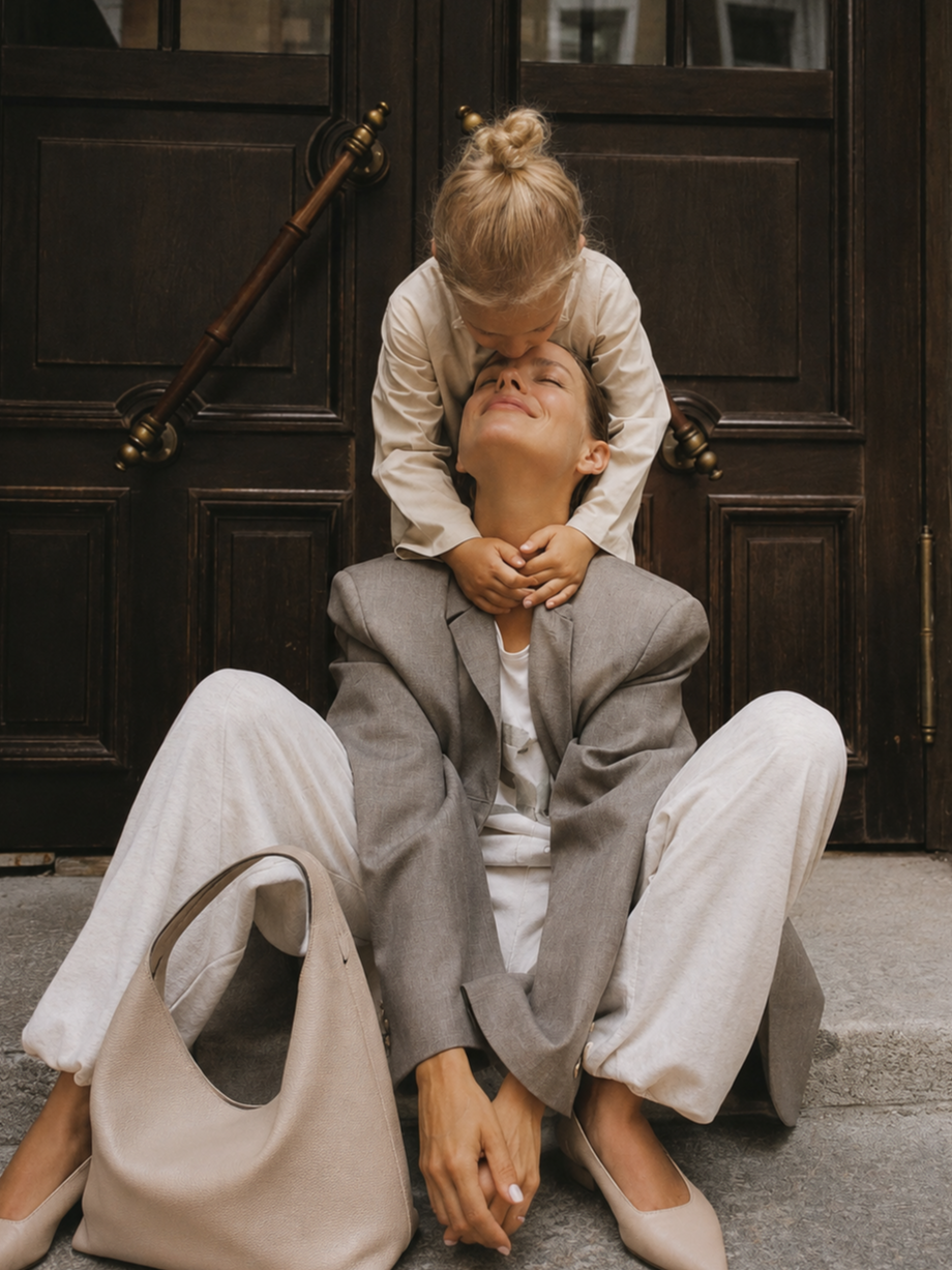 A woman sitting on the ground with her legs crossed, wearing a grey blazer and white pants, is being hugged and kissed by a young girl standing behind her. The girl has her arms around the woman's neck and is leaning in. They are in front of a dark wooden door.