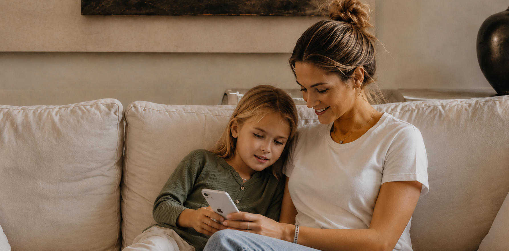 A woman and a young girl sitting on a beige sofa, looking at a smartphone together, smiling, in a cozy living room