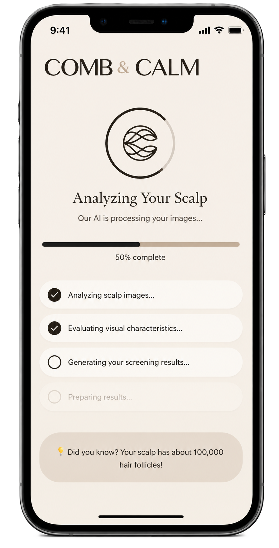Smartphone screen showing an app titled 'Comb & Calm' with a logo, progress bar at 50 percent, and steps for analyzing scalp images, evaluating visual characteristics, generating screening results, and preparing results with a note about hair follicles.