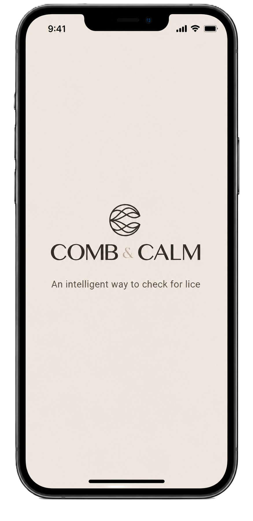 iPhone screen displaying the logo and name of the lice-checking app 'Comb & Calm' with the tagline 'An intelligent way to check for lice'.