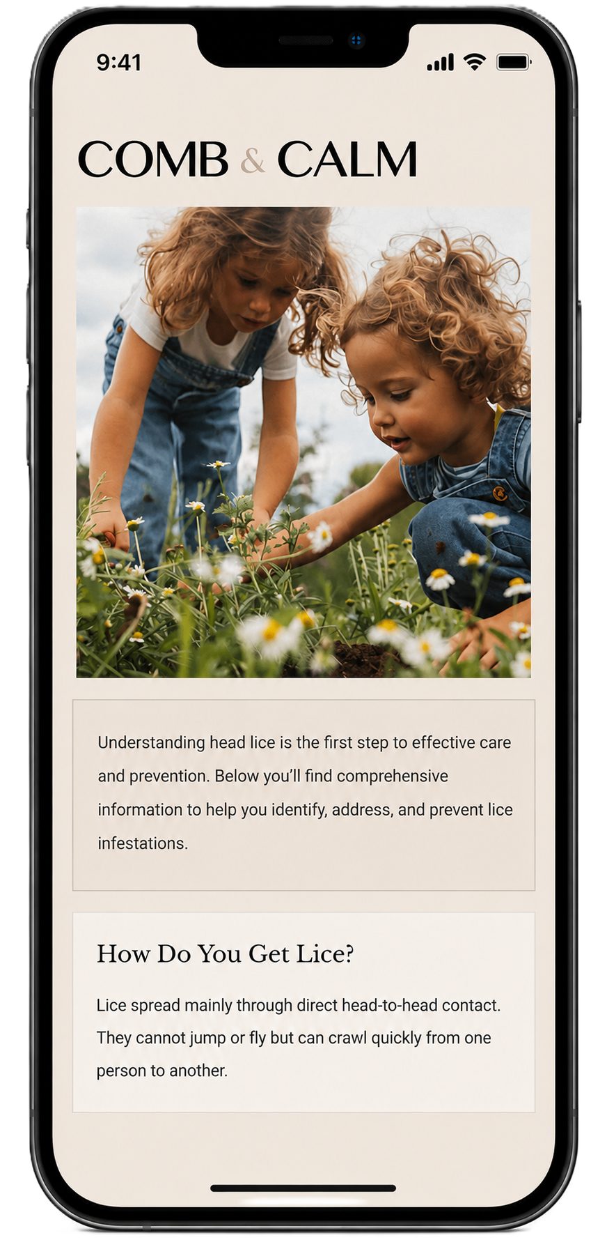 Smartphone screen displaying an article on head lice, showing a photo of two children examining flowers outdoors, with the title 'Comb & Calm' and text about lice prevention.