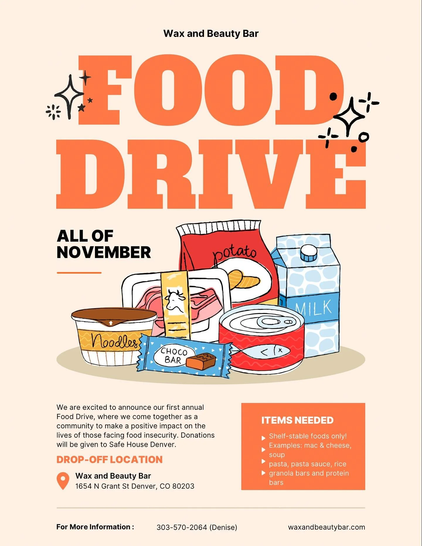 Let&rsquo;s fill bellies and spread joy this season! 💕
We&rsquo;re hosting our 1st Annual Food Drive for SafeHouse Denver &mdash; and you can help!
Drop off non-perishable food items all month long at the salon.
🎁 Every item = 1 entry into our gift