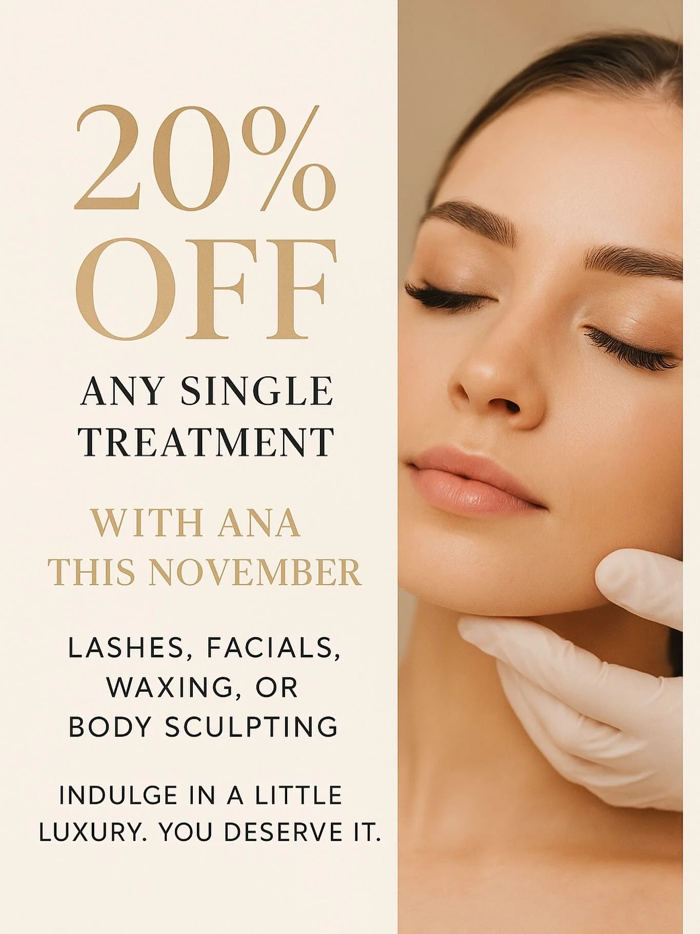 20% OFF any single treatment with Ana this November ✨
Lashes, facials, waxing, or body sculpting &mdash; your glow-up awaits.

💋 Indulge in a little luxury. You deserve it.  #DenverSalon #LuxuryBeauty #GlamLashes #LashExtensionsDenver #FacialGlow #B