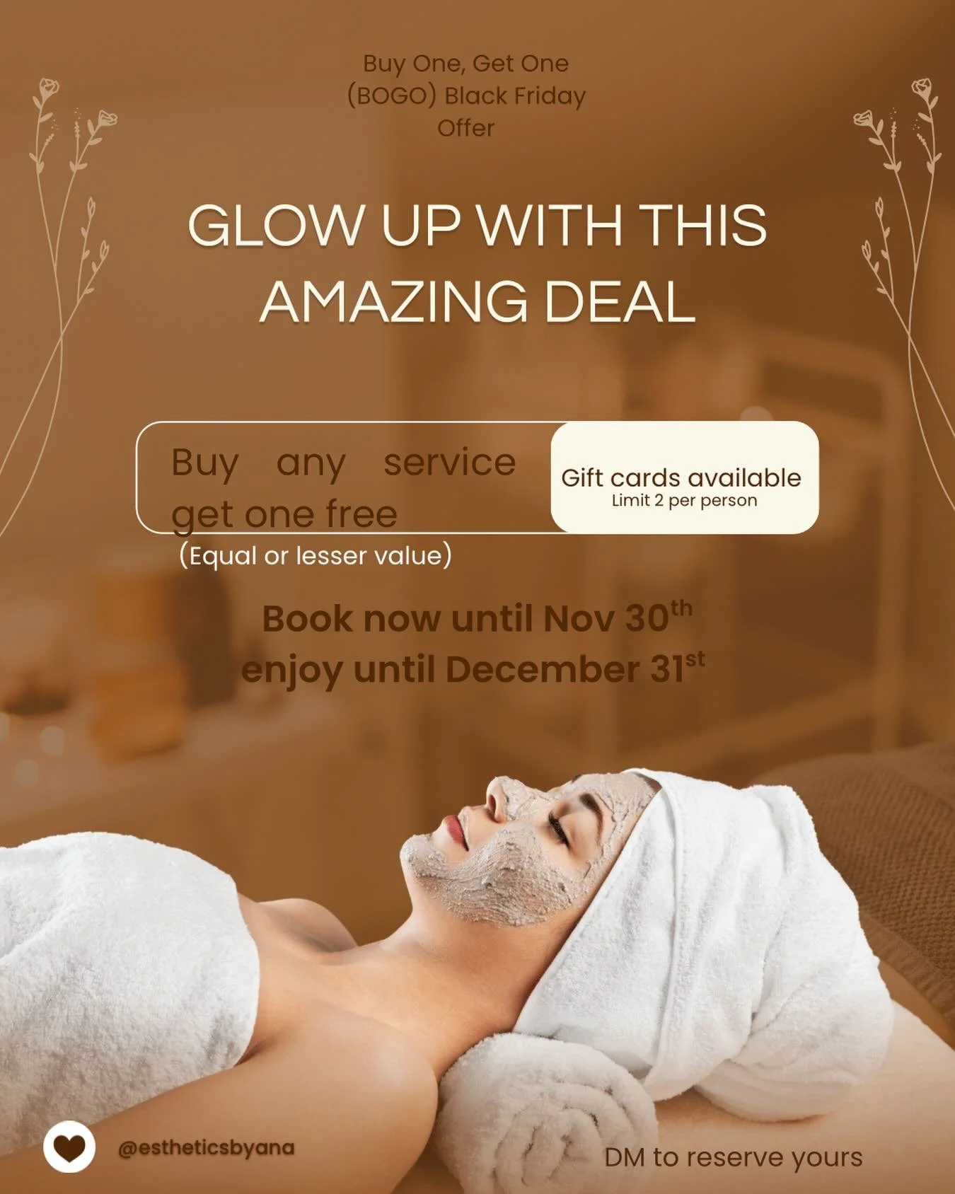 ✨ Black Friday starts now! ✨
Buy 1 service, get 1 FREE with Ana!
Book your first service between now and 11/30/25 (appointment can be anytime through 12/31/25).
Your free service can be gifted or used to treat yourself &mdash; your choice! 💛
Spots a