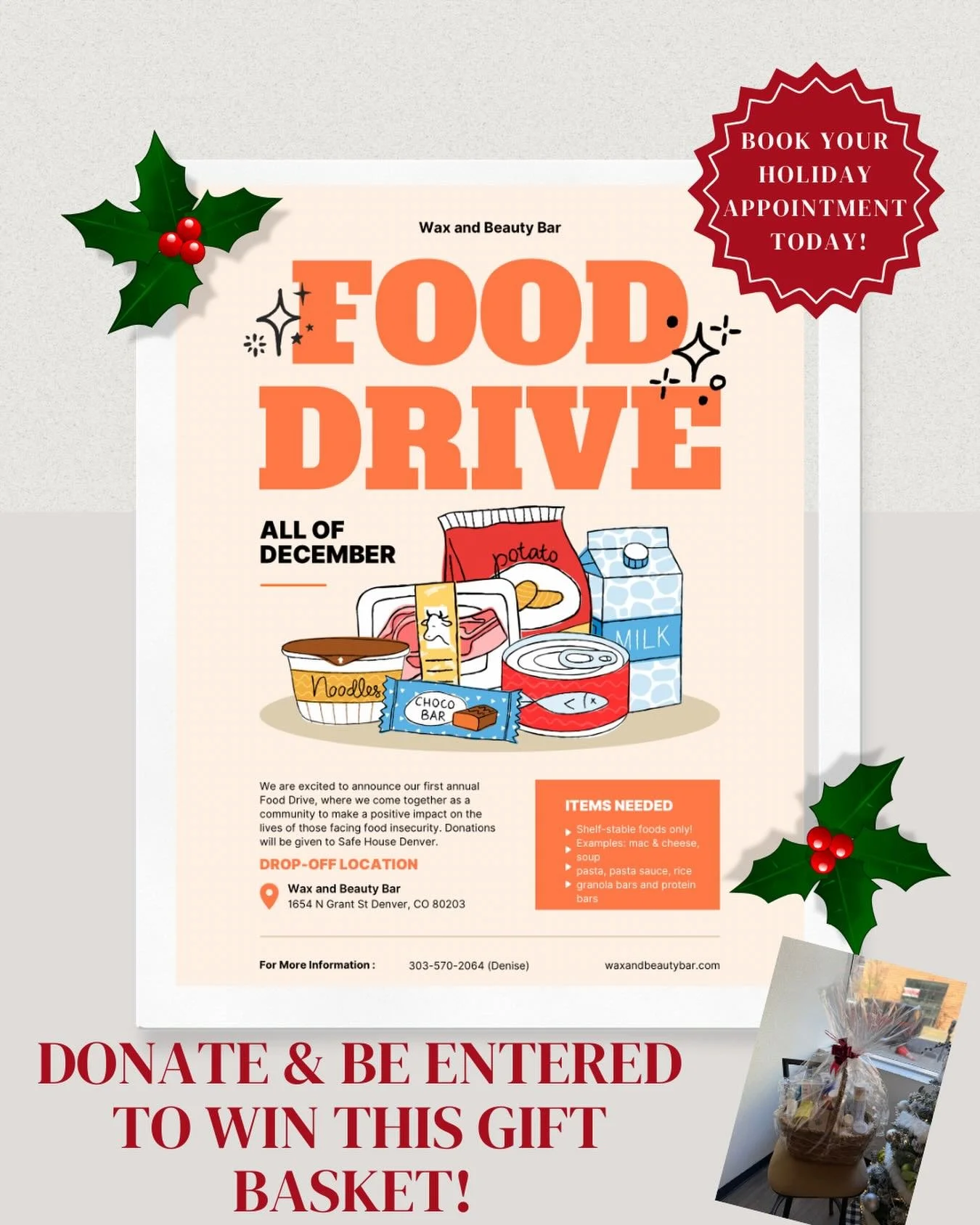 🎁 Give back &amp; glow!
All December long, we&rsquo;re collecting food + personal care items to support our community &mdash; and we&rsquo;d love your help! 💛

As a thank-you, every item you bring gets you ONE entry to win our Self-Care Gift Basket