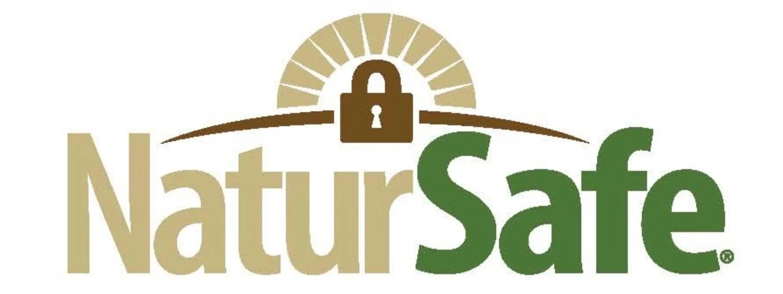 Logo for Nature Safe featuring a brown lock with a keyhole and sun rays above the word 'NatureSafe' in green and beige font.