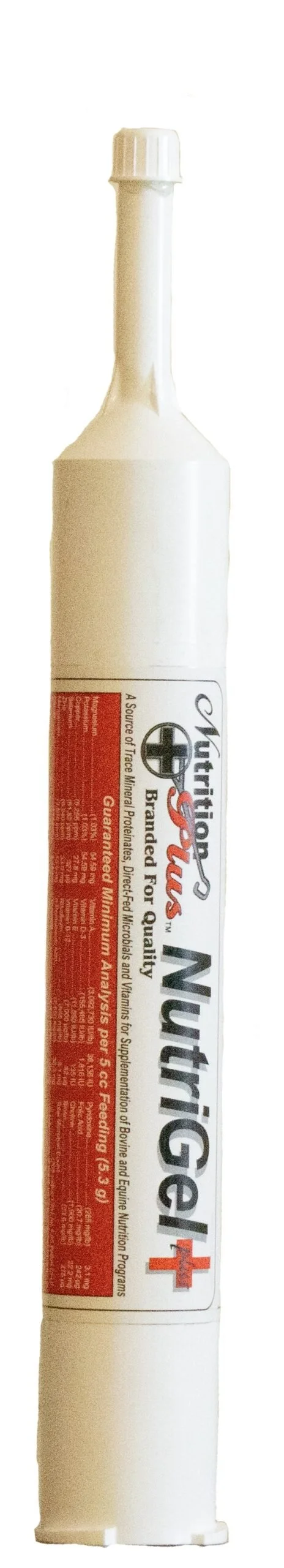 A white bottle of 'NutriGel Plus' gel with a red label and white cap.