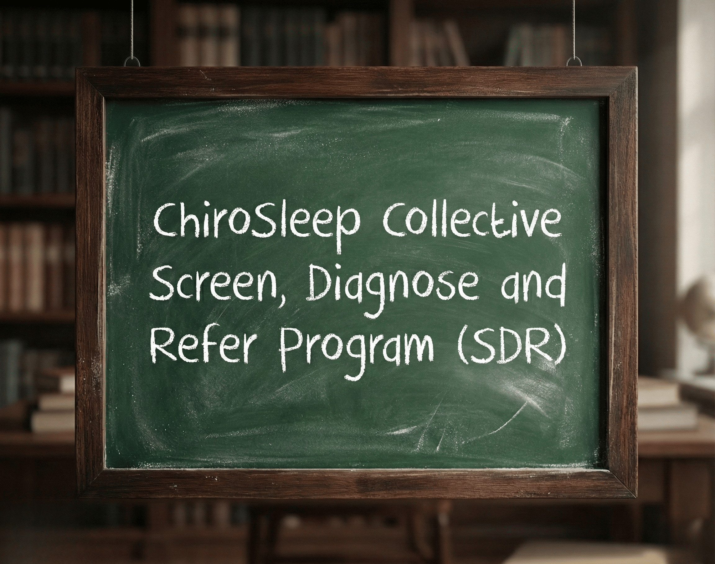 A green chalkboard with wooden frame displaying the text "ChiroSleep collective Screen, Diagnose and Refer Program (SDR)" written in white chalk, in a room with bookshelves in the background.