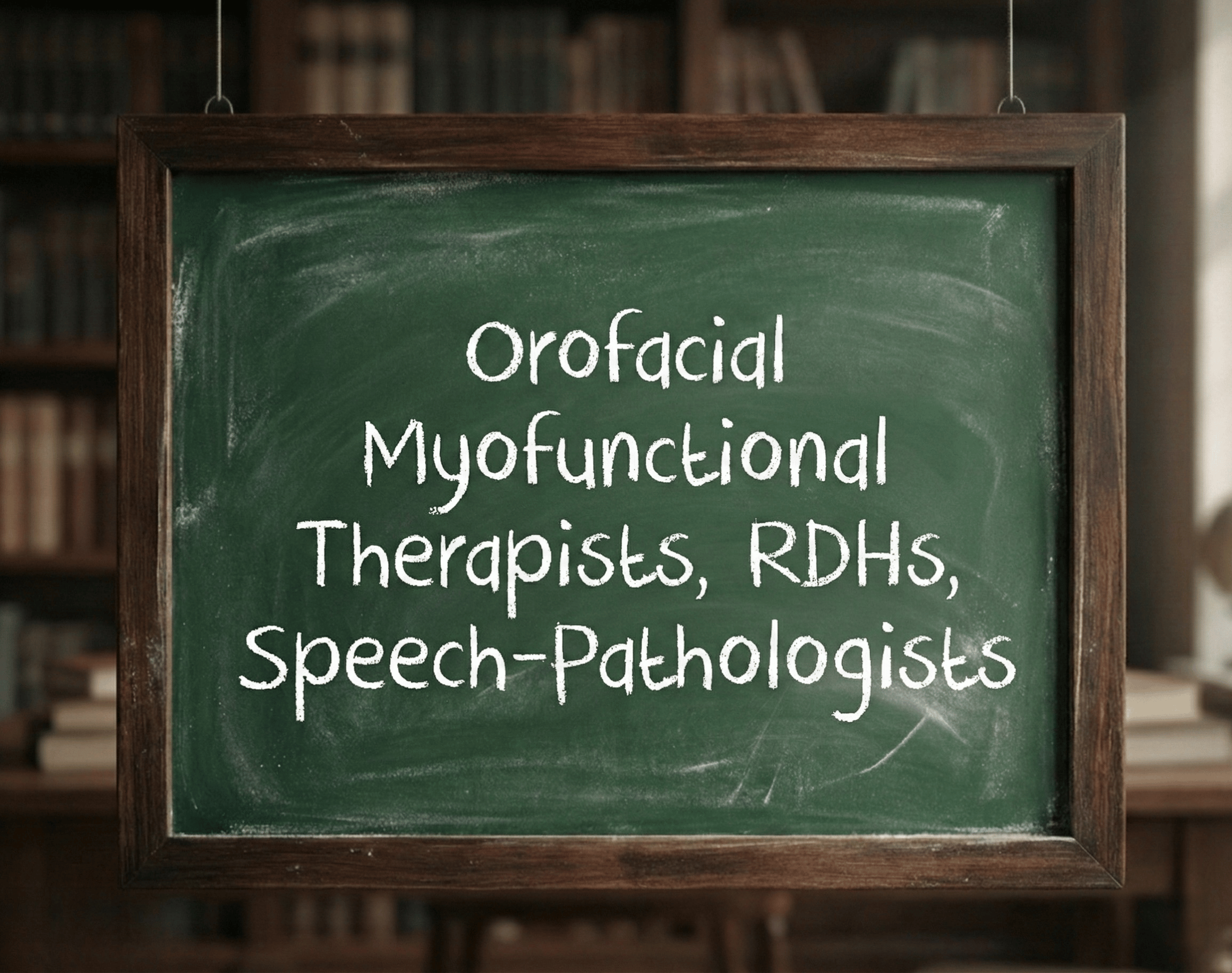 Green chalkboard with white handwriting that reads 'Orofacial Myofunctional Therapists, RDH, Speech-Pathologists' hanging in a room with bookshelves in the background.