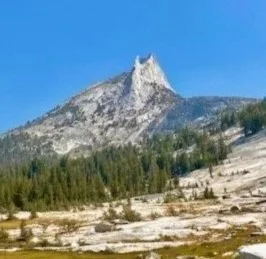 Cathedral Peak, a majestic mountain peak with a sharp summit, surrounded by forested slopes and a clear blue sky. Photo taken by Luc Gensler.