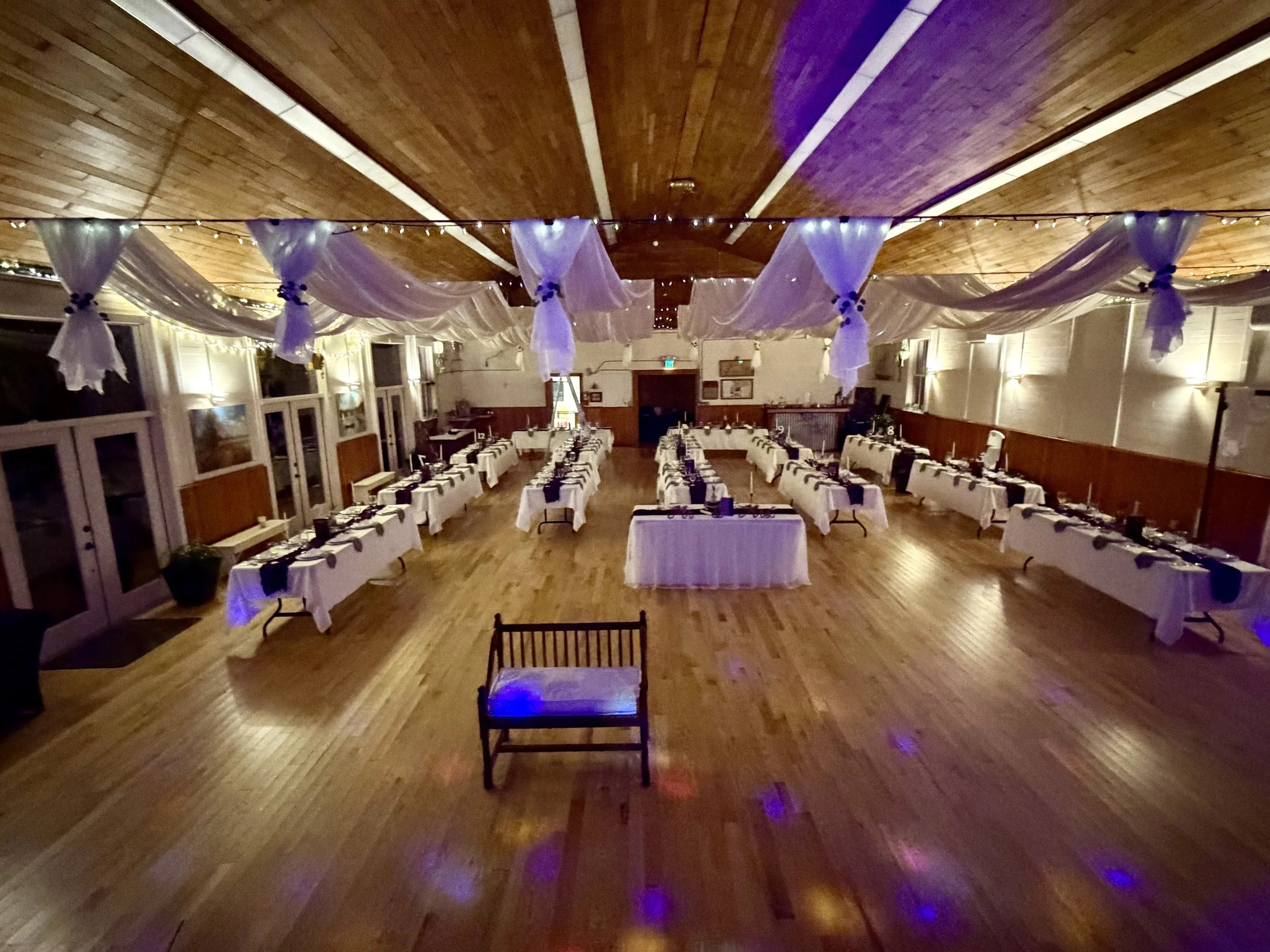 Freeland Hall main hall set for a wedding reception