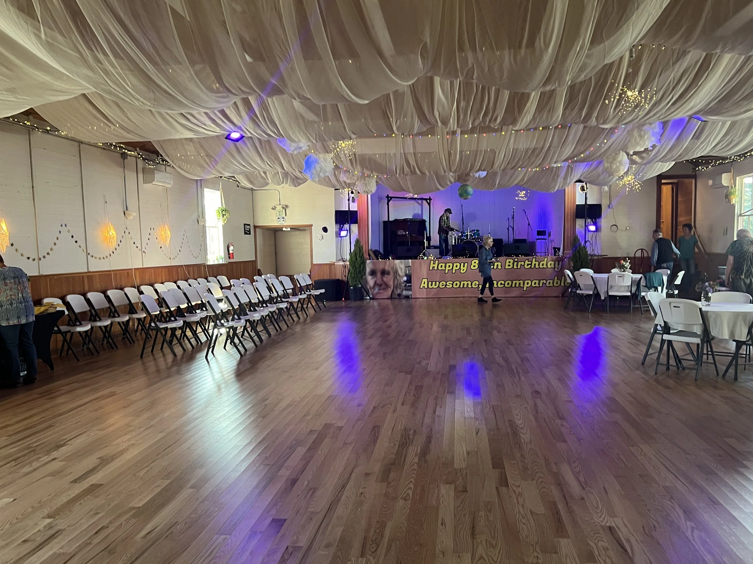Freeland Hall main hall with stage and dance floor