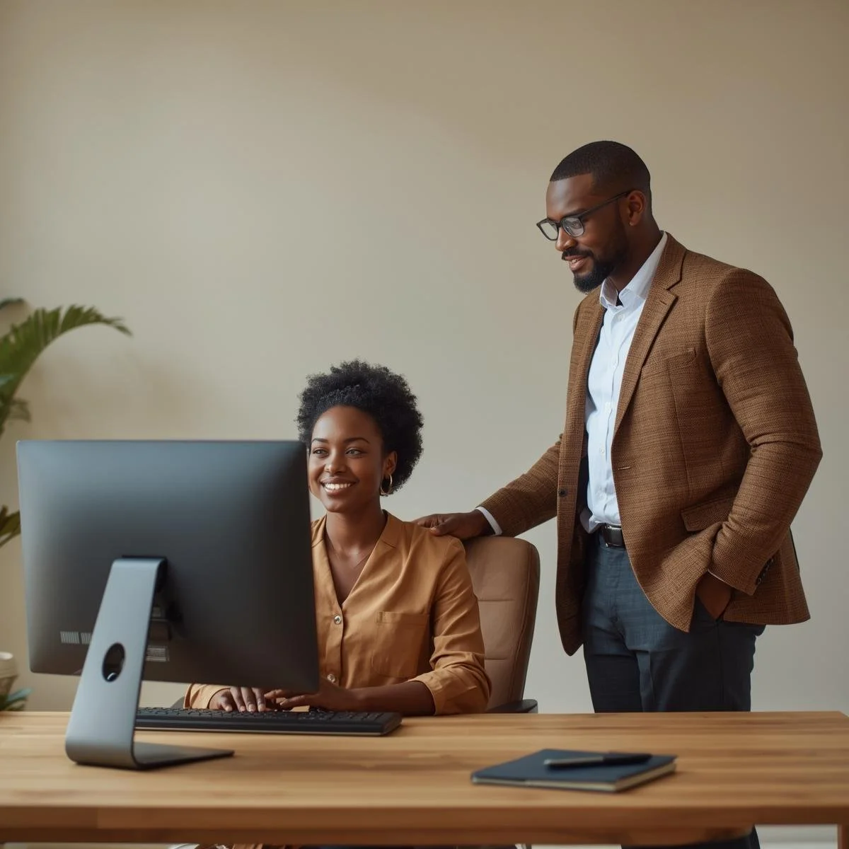 Un homme et une femme travaillant ensemble dans un bureau, utilisant un ordinateur.