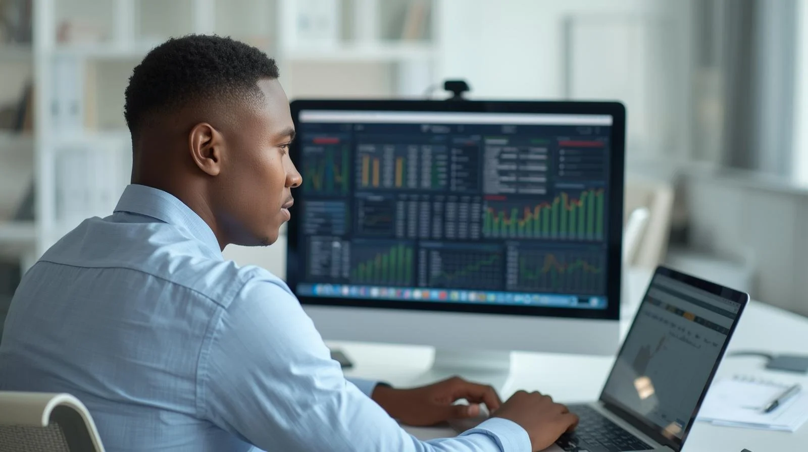 Un homme travaille sur un ordinateur avec des graphiques financiers affichés.