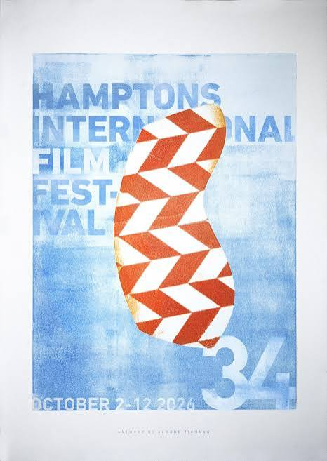 Poster for the Hamptons International Film Festival featuring a red and white pattern over a blue watercolor background.