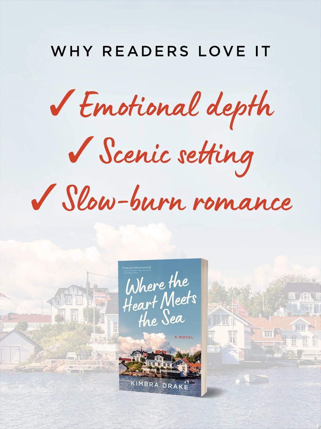 Text that reads "why readers love it" with checkmarks for emotional depth, scene setting, and slow-burn romance above a paperback book