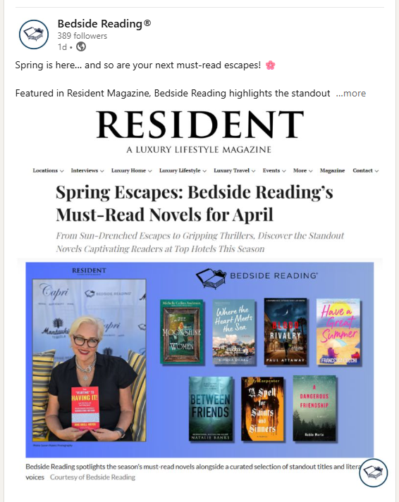 An Instagram post featuring 8 novels that are "Spring Escapes: Must-Read Novels for April"