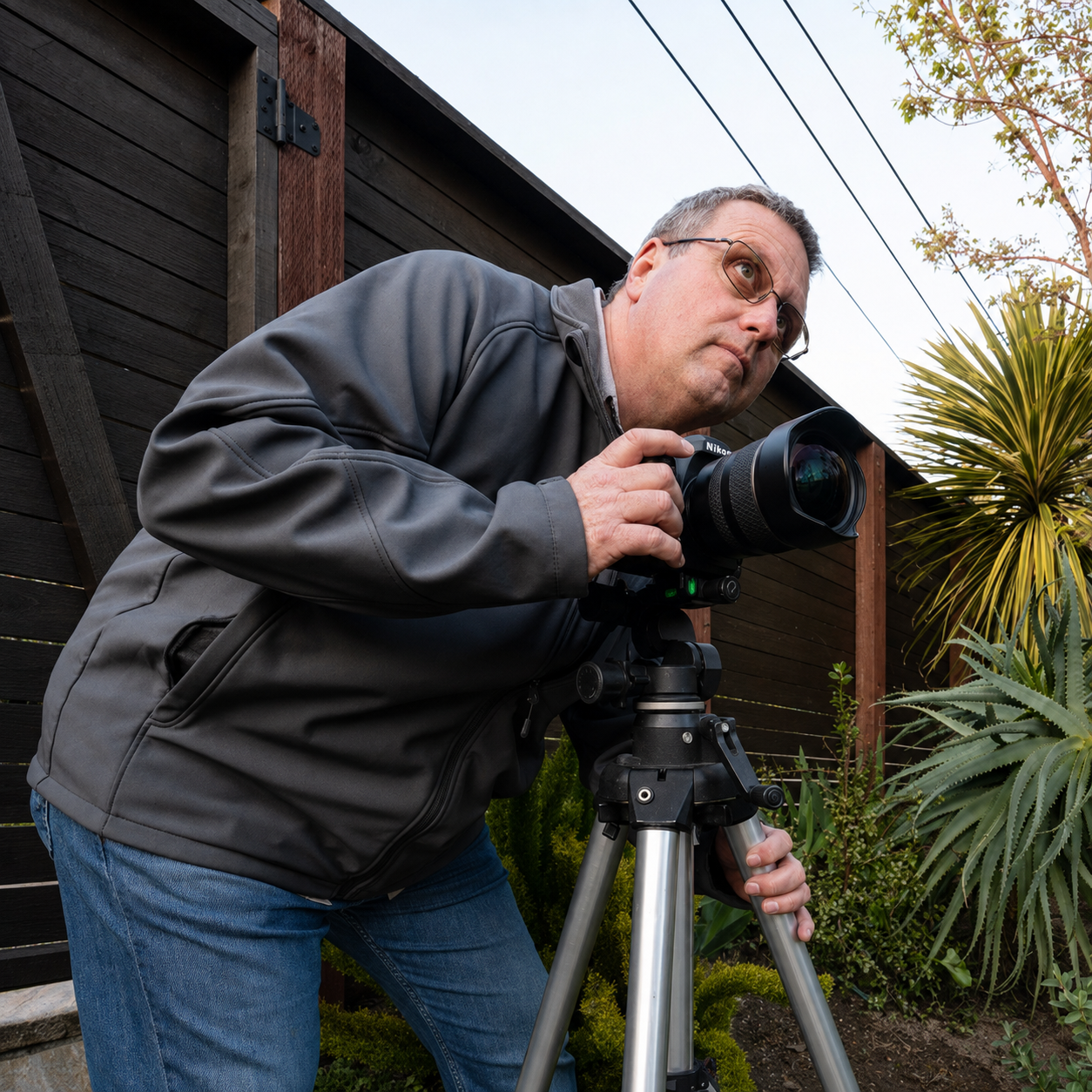 John Brain adjusting a camera on a tripod outdoors in a garden with plants and a wooden fence.