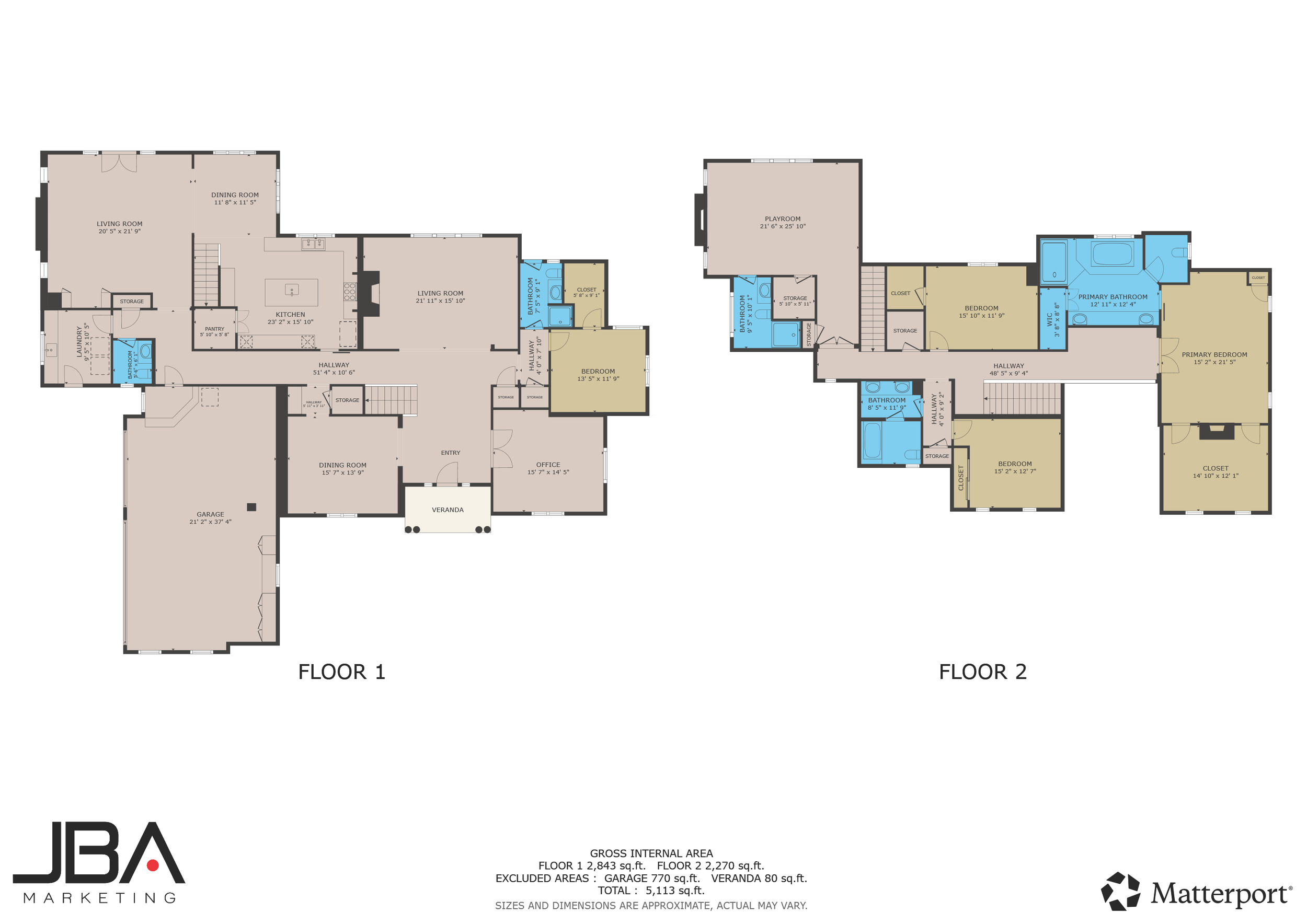 Floor plan of a two-story house showing various rooms, including living rooms, bedrooms, bathrooms, kitchen, pantry, laundry, garage, office, playroom, and storage areas, with measurements and labels for each space.